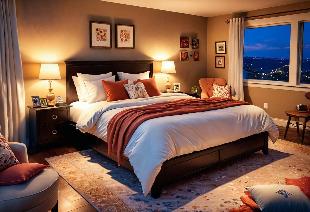 A romantic and playful setting featuring a cozy bedroom with soft lighting, an inviting bed adorned with luxurious pillows, and intimate game pieces scattered around. Add whimsical illustrations of top adult games in a playful, engaging manner, with subtle hints of passion and connection represented through warm colors. Include an atmosphere of curiosity and excitement. digital illustration. vibrant colors. cozy ambiance.