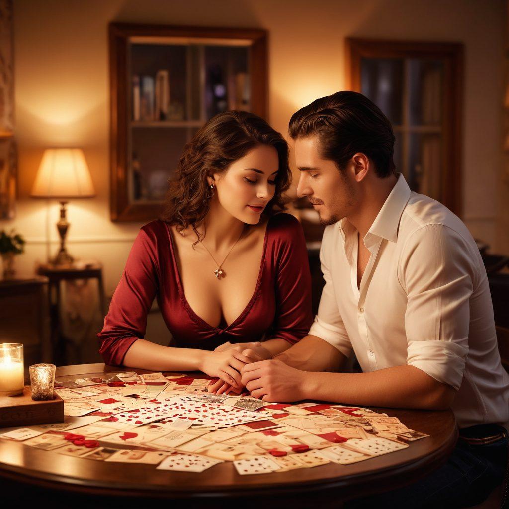 A sensual and intimate scene featuring a couple in a cozy, romantic setting, surrounded by playful game elements like cards and dice, hinting at erotic games. Soft warm lighting accentuates their flirtatious expressions and alluring body language. Include subtle hints of various games on the table with enticing visuals. The background suggests a tasteful blend of luxury and comfort. super-realistic. warm tones. romantic atmosphere.