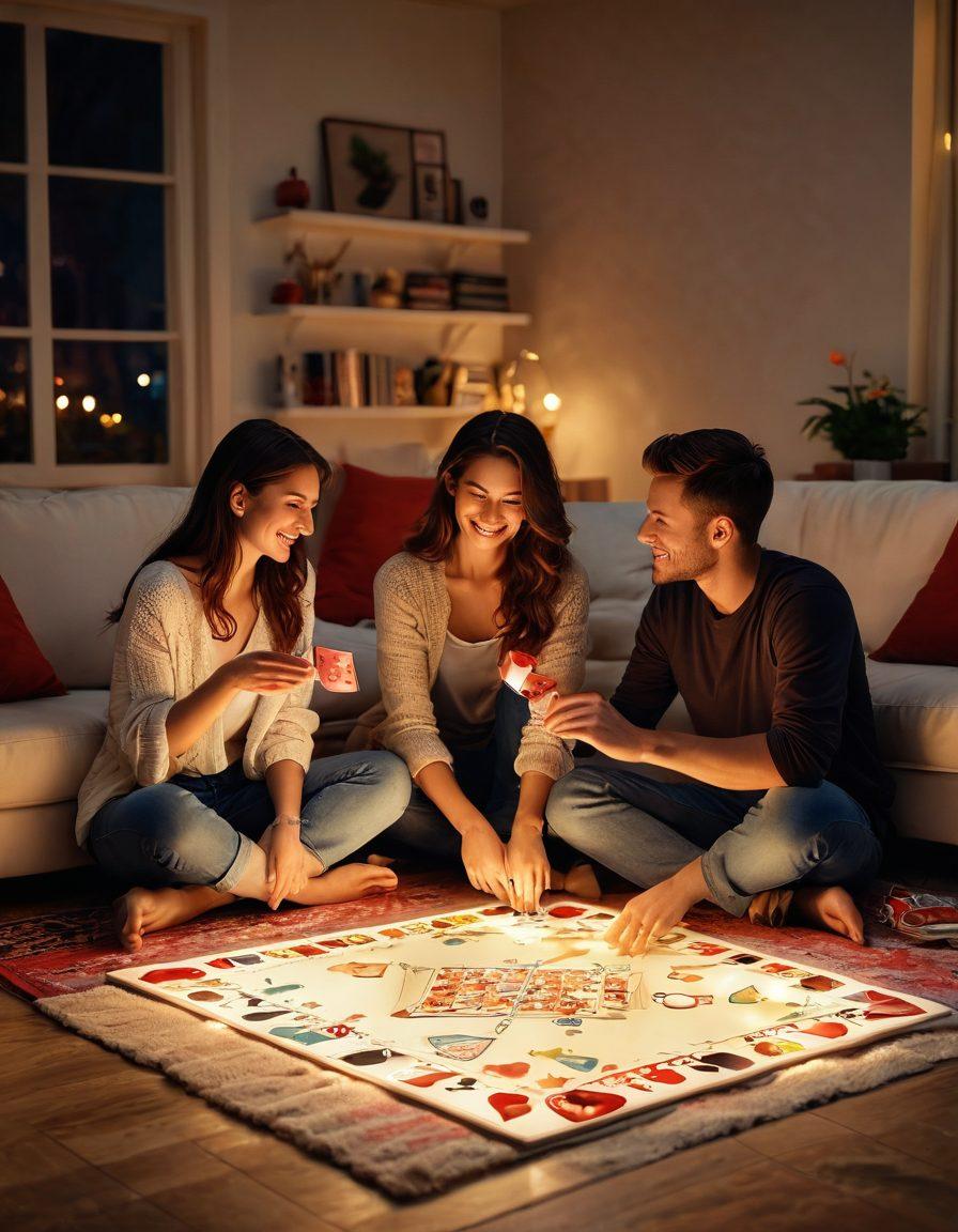 A cozy, dimly lit living room with an inviting atmosphere, showcasing a couple playfully engaging with a colorful board game on a plush rug. Soft candlelight flickers, casting a warm glow on their joyful expressions as they share laughter. Surrounding them are hints of intimacy, like sweet treats and a bottle of wine, creating a romantic ambiance. The background softly fades into abstract hearts and playful motifs, symbolizing connection and fun. vibrant colors. soft focus.